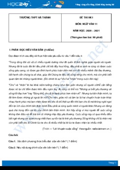 Đề thi HK1 môn Ngữ văn 11 năm 2020 Trường THPT Hà Thành có đáp án