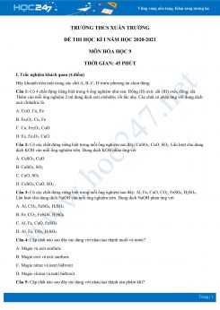 Đề thi HK1 môn Hóa học 9 năm 2020 - Trường THCS Xuân Trường có đáp án