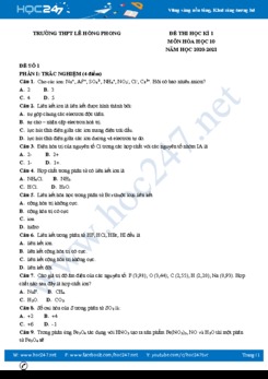 Bộ 3 đề thi HK1 môn Hóa học 10 năm 2020 có đáp án Trường THPT Lê Hồng Phong