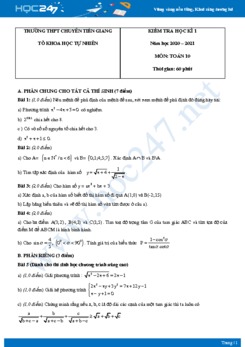 Đề kiểm tra HKI môn Toán 10 năm 2020 có đáp án trường Chuyên Tiền Giang