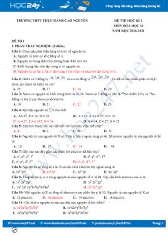 Bộ đề thi HK1 môn Hóa học 10 năm 2020 có đáp án Trường THPT TH Cao Nguyên