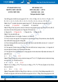 Đề thi HK1 môn Hóa học 10 năm 2020 có đáp án Trường THPT Chuyên Lương Thế Vinh