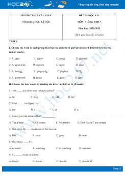 Bộ 2 đề thi HK1 môn Tiếng Anh 7 năm 2020 có đáp án trường THCS Cầu Giấy