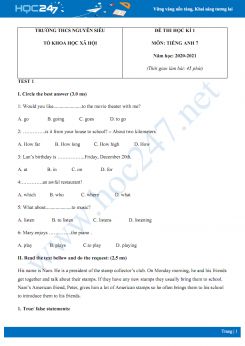 Bộ 2 đề thi HK1 môn Tiếng Anh 7 năm 2020 có đáp án trường THCS Nguyễn Siêu