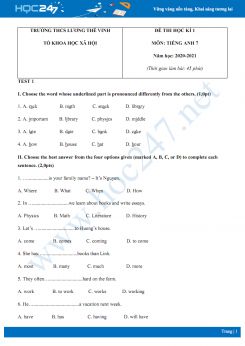 Bộ 2 đề thi HK1 môn Tiếng Anh 7 năm 2020 có đáp án trường THCS Lương Thế Vinh
