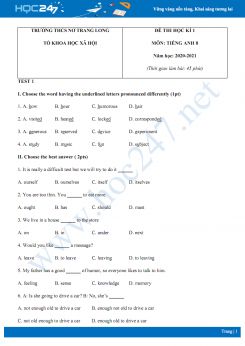 Bộ 2 đề thi HK1 môn Tiếng Anh 8 năm 2020 có đáp án trường THCS Nơ Trang Long