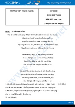 Đề thi HK1 môn Ngữ văn 11 năm 2020 Trường THPT Trưng Vương có đáp án