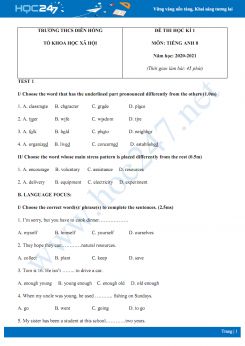 Bộ 2 đề thi HK1 môn Tiếng Anh 8 năm 2020 có đáp án trường THCS Diên Hồng