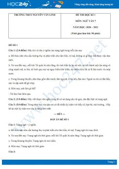Bộ 2 đề thi Học kì 1 môn Ngữ văn 7 năm 2020 Trường THCS Nguyễn Văn Linh