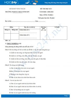 4 Đề thi HK1 môn Công nghệ 6 năm 2020 - Trường PTDTNT THCS Ninh Sơn có đáp án