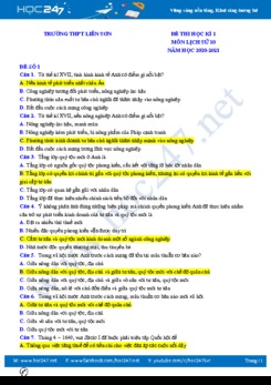 Bộ 3 đề thi HK1 môn Lịch sử 10 năm 2020 có đáp án Trường THPT Liễn Sơn