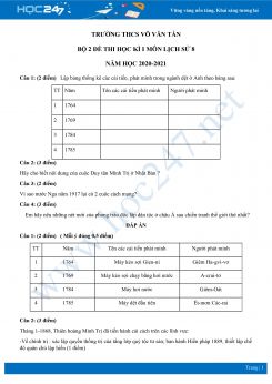 Bộ đề thi HK1 môn Lịch sử 8 năm 2020 - Trường THCS Võ Văn Tần có đáp án