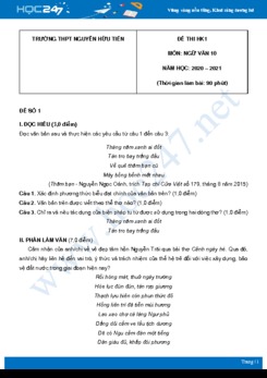 Bộ 5 đề thi HK1 môn Ngữ văn 10 năm 2020 Trường THPT Nguyễn Hữu Tiến có đáp án