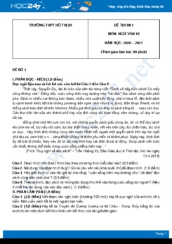 Bộ 3 đề thi HK1 môn Ngữ văn 10 năm 2020 Trường THPT Hồ Thị Bi có đáp án
