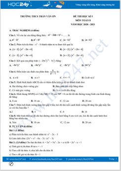 Đề thi HK1 môn Toán 8 năm 2020 có đáp án Trường THCS Trần Văn Ơn