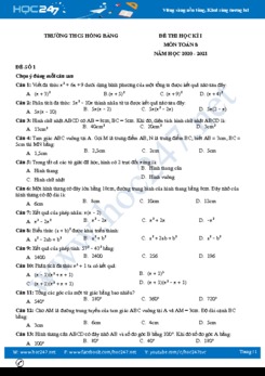 Bộ 3 đề thi HK1 môn Toán 8 năm 2020 có đáp án Trường THCS Hồng Bàng