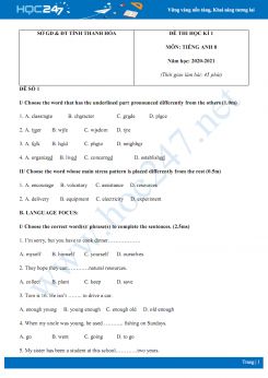 Bộ 5 đề thi HK1 môn Tiếng Anh 8 năm 2020 có đáp án Sở GD & ĐT Tỉnh Thanh Hóa