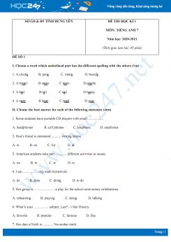 Bộ 5 đề thi HK1 môn Tiếng Anh 7 năm 2020 có đáp án Sở GD & ĐT Tỉnh Hưng Yên