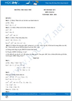 Bộ 3 đề thi HK1 môn Toán 8 năm 2020 có đáp án Trường THCS Bắc Phú