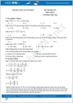 Đề thi HK1 môn Toán 7 năm 2020 có đáp án Trường THCS Nguyễn Hiền