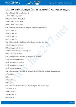 Câu hỏi trắc nghiệm ôn tập về một số axit quan trọng có đáp án môn Hóa học 9
