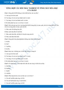 Tổng hợp câu hỏi trắc nghiệm về tính chất hóa học của bazơ có đáp án môn Hóa học 9