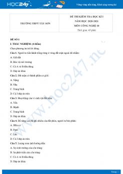 Bộ 3 đề thi HK1 môn Công nghệ 10 năm 2020 Trường THPT Tây Sơn có đáp án