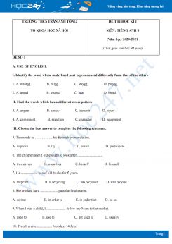 Bộ 3 đề thi HK1 môn Tiếng Anh 8 năm 2020 có đáp án trường THCS Trần Anh Tông