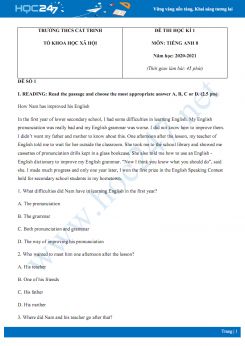 Bộ 3 đề thi HK1 môn Tiếng Anh 8 năm 2020 có đáp án trường THCS Cát Trinh
