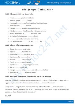 Bài tập trắc nghiệm và tự luận chuyên đề mạo từ Tiếng Anh 7