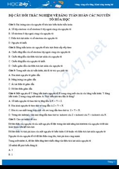 Bộ câu hỏi trắc nghiệm về Bảng tuần hoàn các nguyên tố hóa học có đáp án môn Hóa học 9