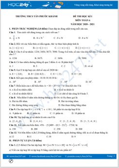 Đề thi HK1 môn Toán 6 năm 2020 có đáp án Trường THCS Tân Phước Khánh