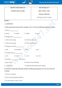 Bộ đề thi HK1 môn Tiếng Anh 7 năm 2020 có đáp án trường THCS Đống Đa