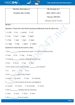 Bộ 3 đề thi HK1 môn Tiếng Anh 7 năm 2020 có đáp án trường THCS Hoa Lư