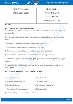 Bộ 3 đề thi HK1 môn Tiếng Anh 7 năm 2020 có đáp án trường THCS Tản Đà