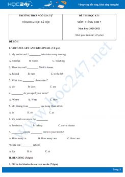 Bộ đề thi HK1 môn Tiếng Anh 6 năm 2020 có đáp án trường THCS Ngô Gia Tự