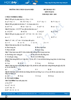 Đề thi HK1 môn Toán 8 năm 2020 có đáp án Trường THCS Trần Quang Diệu