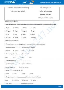 Đề thi HK1 môn Tiếng Anh 6 năm 2020 có đáp án trường THCS Huỳnh Văn Nghệ