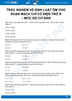 25 câu trắc nghiệm Định luật Ôm cho đoạn mạch chỉ có điện trở R môn Vật Lý 11 có đáp án – mức độ cơ bản