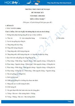 Bộ 3 đề thi HK1 môn Công nghệ 7 năm 2020 - Trường THCS Trần Hưng Đạo có đáp án