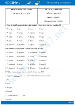 Đề thi HSG cấp trường môn Tiếng Anh 7 năm 2020 có đáp án trường THCS Ninh Thành
