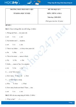 Bộ 3 đề thi HK1 môn Tiếng Anh 6 năm 2020 có đáp án trường THCS Trần Huy Liệu