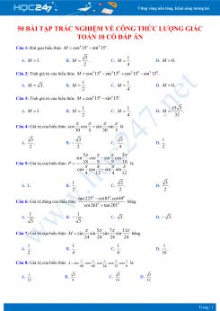 50 bài tập trắc nghiệm về công thức lượng giác Toán 10 có đáp án