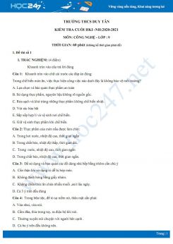 Bộ 3 đề thi HK1 môn Công nghệ 9 năm 2020 - Trường THCS Duy Tân có đáp án