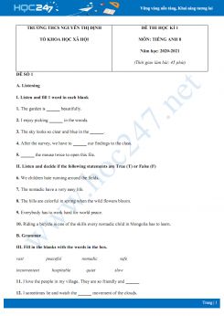 Bộ 3 đề thi HK1 môn Tiếng Anh 8 năm 2020 có đáp án trường THCS Nguyễn Thị Định