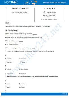 Bộ 3 đề thi HK1 môn Tiếng Anh 8 năm 2020 có đáp án trường THCS Bình Tân