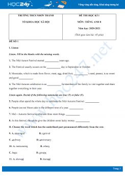 Bộ đề thi HK1 môn Tiếng Anh 8 năm 2020 có đáp án trường THCS Nhơn Thành