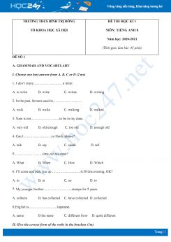 Bộ đề thi HK1 môn Tiếng Anh 8 năm 2020 có đáp án trường THCS Bình Trị Đông