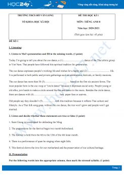 Bộ đề thi HK1 môn Tiếng Anh 8 năm 2020 có đáp án trường THCS Hồ Văn Long