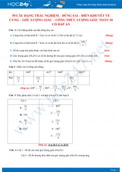 50 câu dạng trắc nghiệm - đúng sai - điền khuyết về Cung - Góc lượng giác - Công thức lượng giác Toán 10 có đáp án